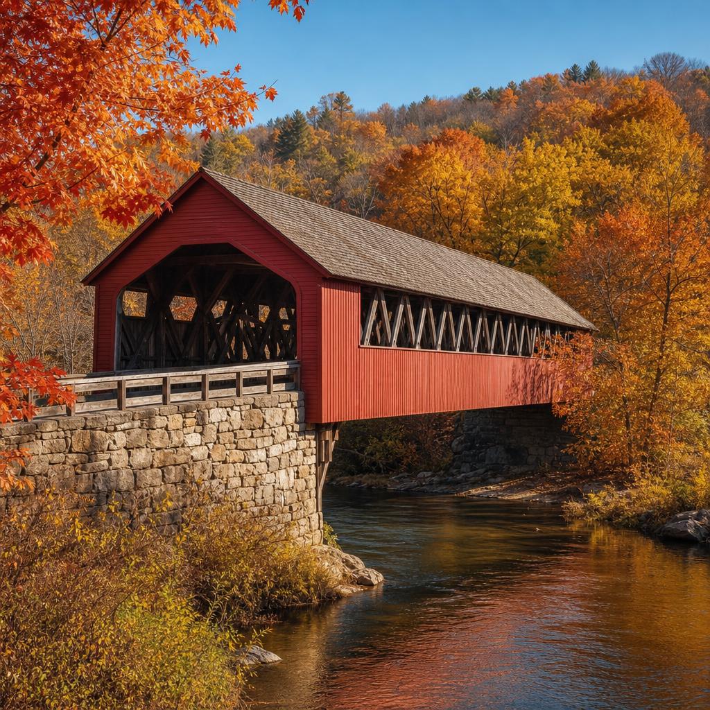 Red West Cornwall covered bridge over a river with autumn foliage on a Gilmore Girls weekend in Connecticut