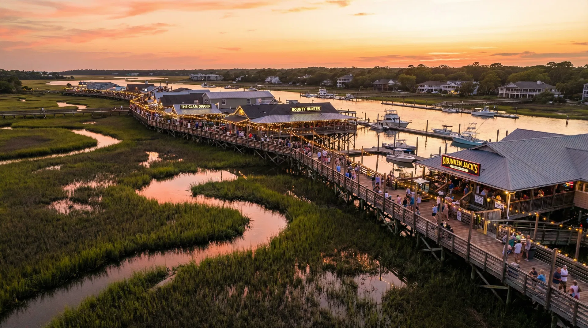 Murrells Inlet MarshWalk and waterfront restaurants at sunset