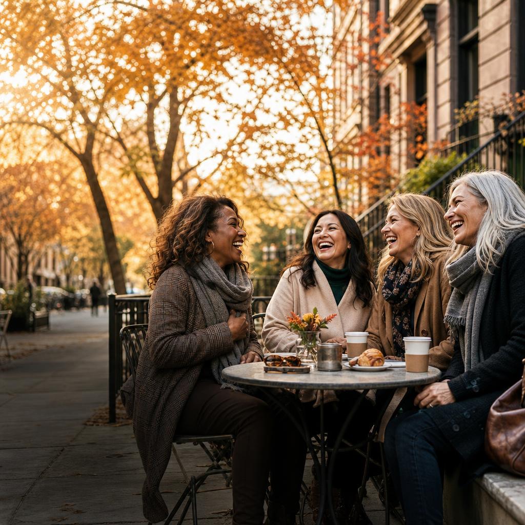 Group of stylish women in their 40s and 50s laughing on a golden fall weekend getaway, girls' trip planning inspiration