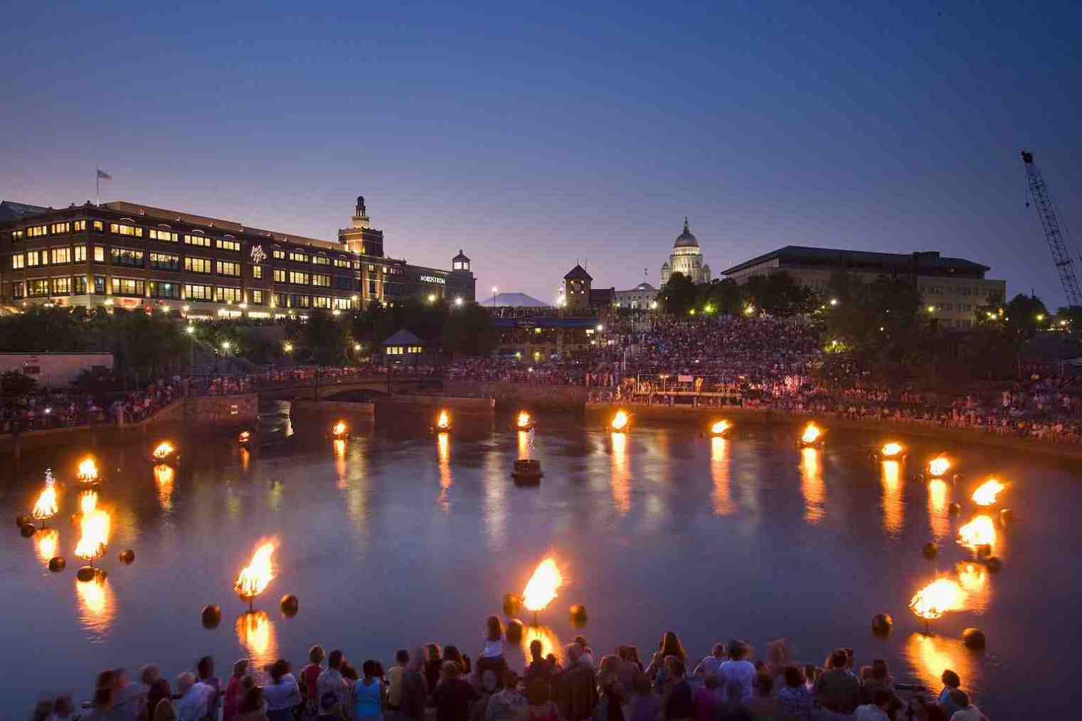 Providence WaterFire — braziers glowing along the river at night