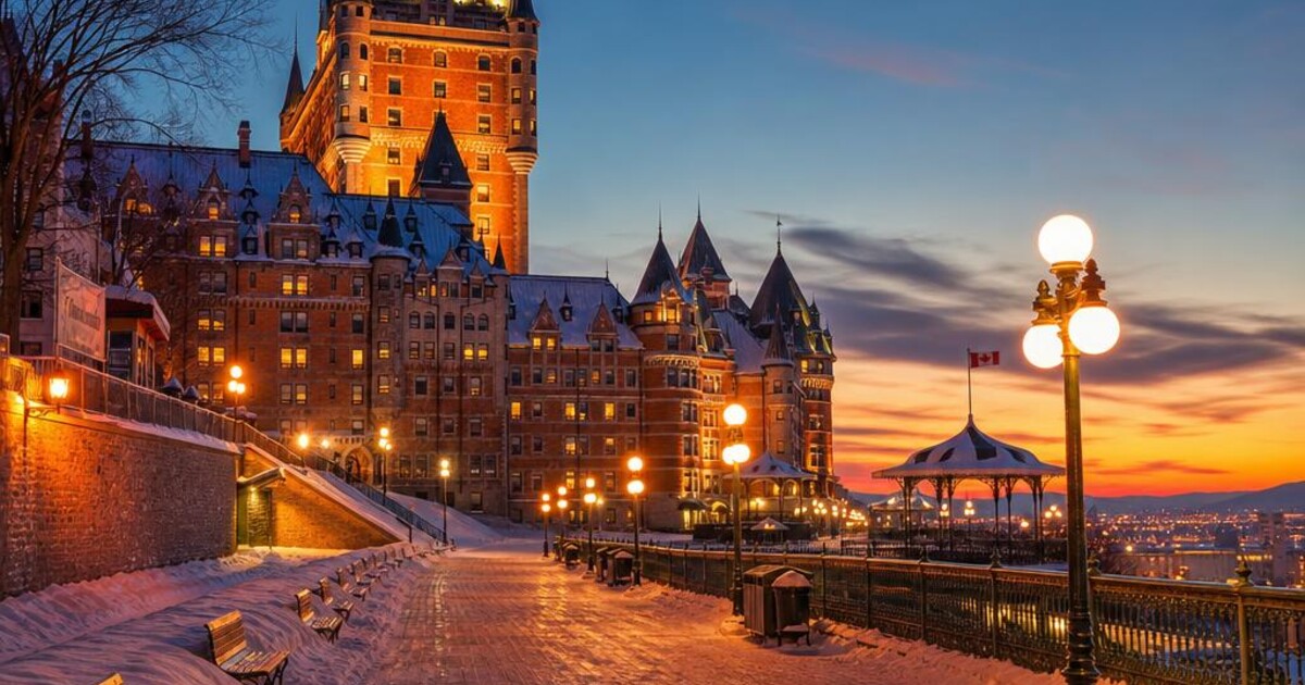 Snow-covered Old Québec and Château Frontenac above the St. Lawrence River