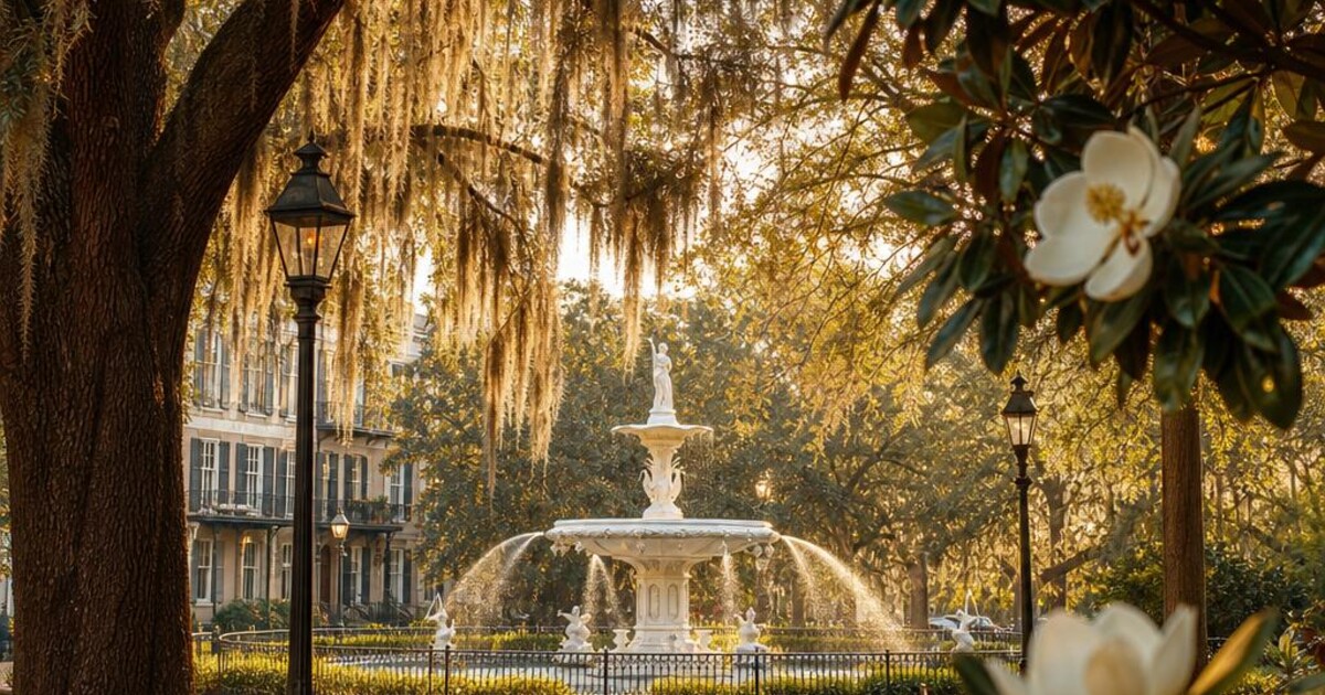 Spanish moss over a Savannah square at dusk