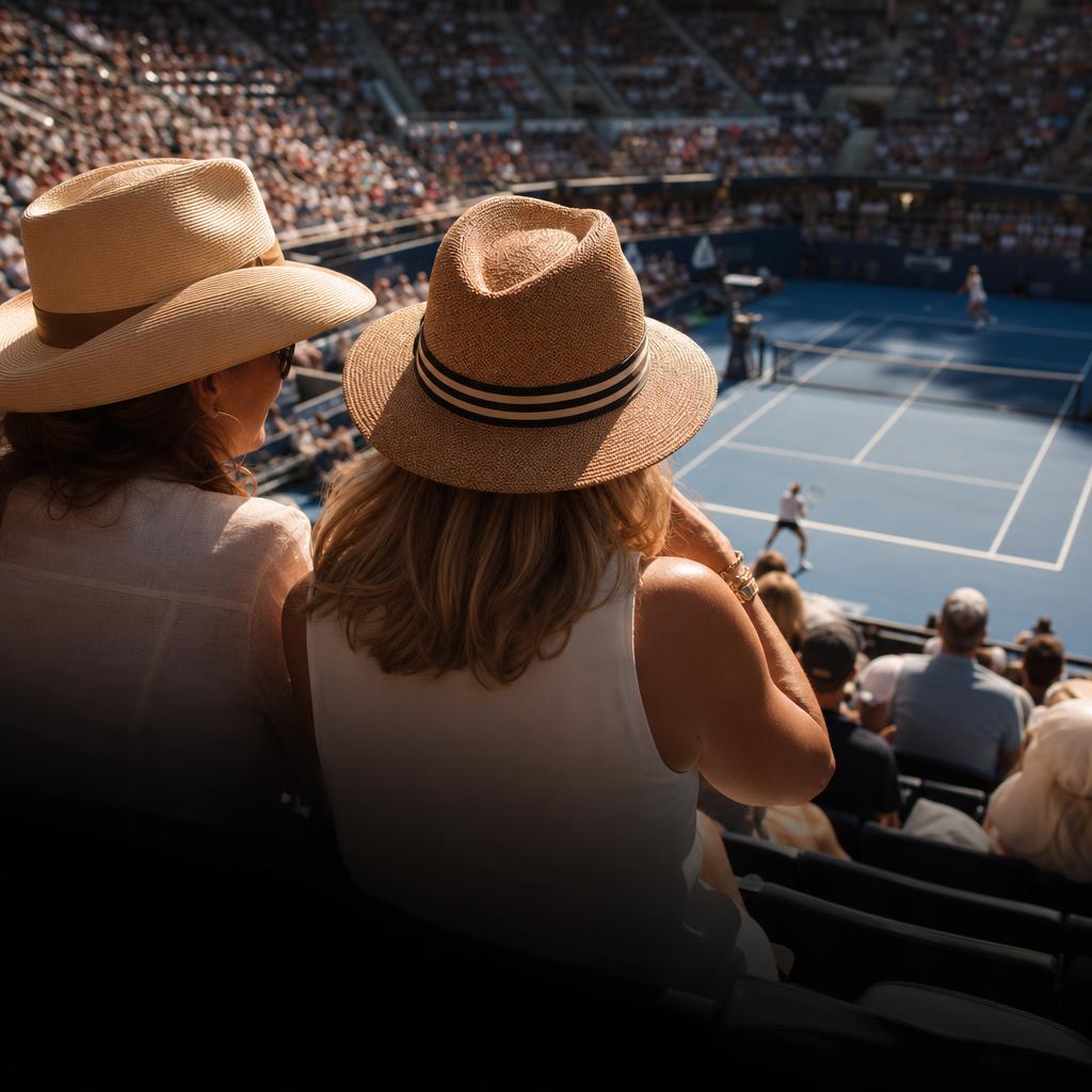 Two women in sun hats watching a professional tennis match from the stadium stands